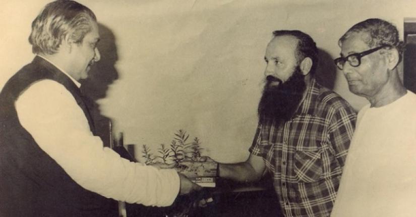 This undated photo shows Father Marino Rigon (second from left) meets Bangabandhu Sheikh Mujibur Rahman (right).