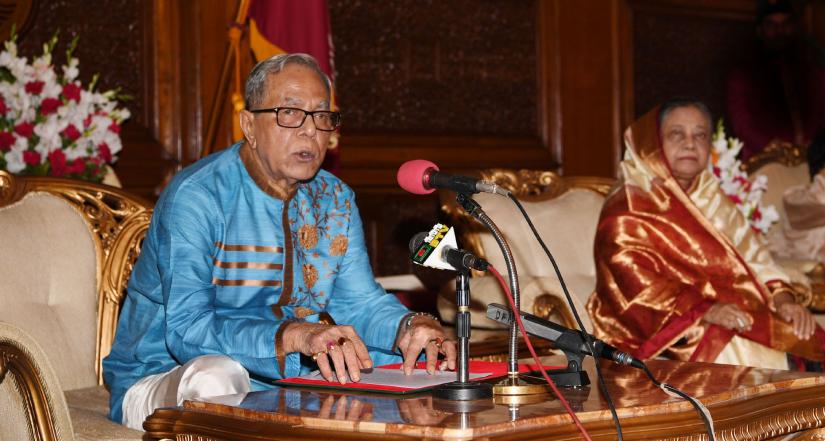 President M Abdul Hamid speaks at a reception for Hindu community on the occasion Durga Puja, the biggest religious festival of Bangalee Hindu community, at Bangabhaban on Friday (Oct 19). PID