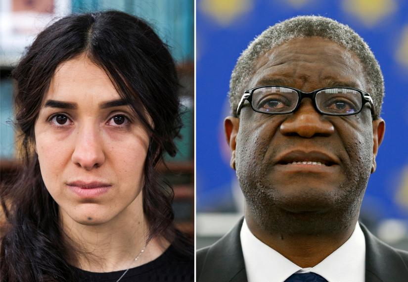 A combination picture shows the Nobel Prize for Peace 2018 winners: Yazidi survivor Nadia Murad posing for a portrait at United Nations headquarters in New York, U.S., March 9, 2017 (L) and Denis Mukwege delivering a speech during an award ceremony to receive his 2014 Sakharov Prize at the European Parliament in Strasbourg November 26, 2014. REUTERS File photos