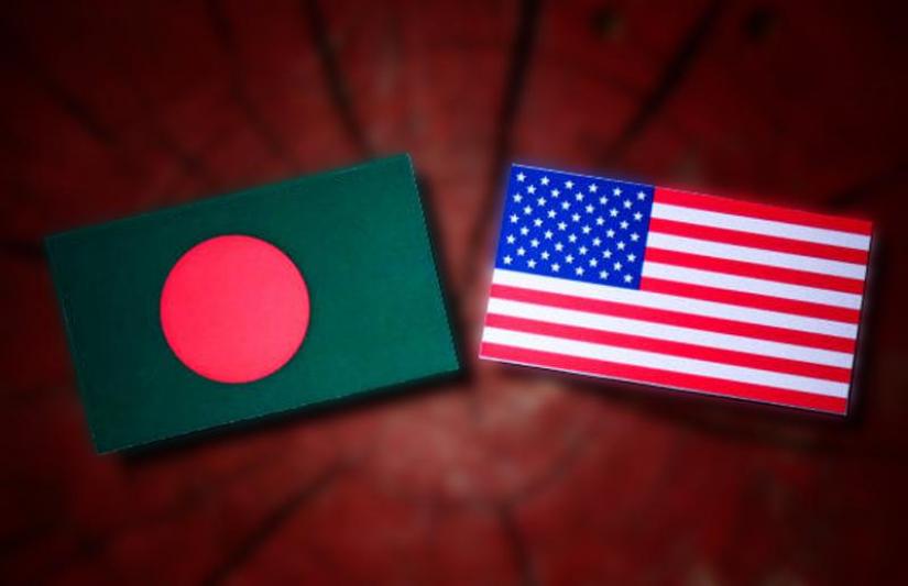 Combination photo shows flags of Bangladesh (left) and the United States.