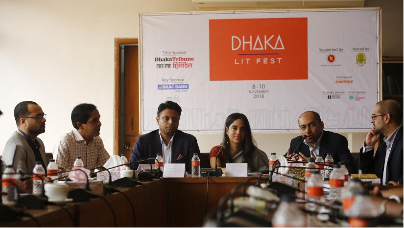 Writer Dr Kazi Anis Amhed, (second from right), speaks at a press conference on the eight edition of Dhaka Lit Fest at Bangla Academy on Monday (Nov 8). PHOTO/BANGLA TRIBUNE