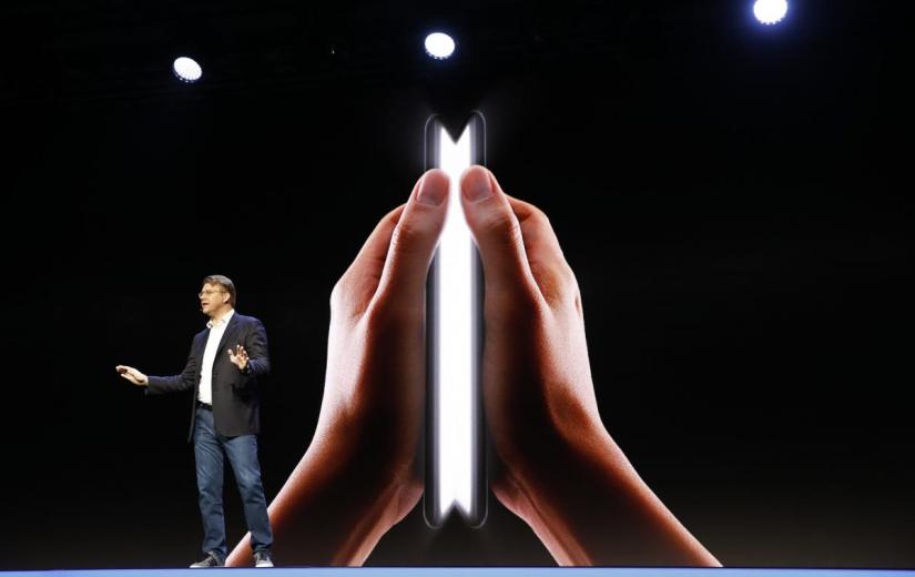 Justin Denison, Samsung Electronics senior vice president of Mobile Product Marketing, speaks during the unveiling of Samsung`s new foldable screen smart phone, during the Samsung Developers Conference in San Francisco, California, U.S., November 7, 2018. REUTERS