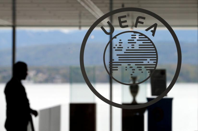 A logo is pctured on UEFA headquarters in Nyon. REUTERS/file photo