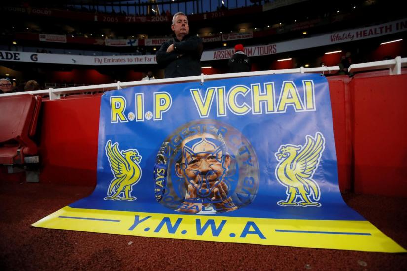 General view of a banner displayed in the stadium depicting Leicester CIty`s late Chairman Vichai Srivaddhanaprabha. REUTERS/file photo