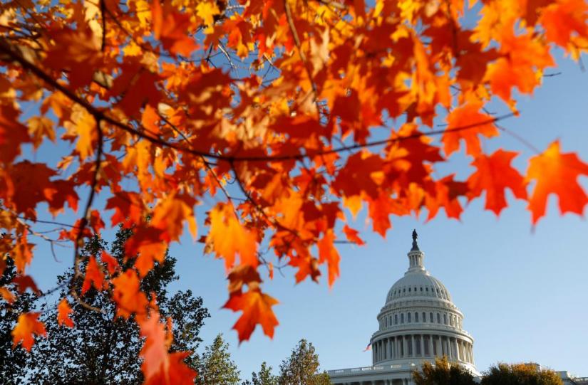 A day after the mid-term election, the dome of the U.S. Capitol is seen through autumn leaves in Washington, US on Nov 7, 2018. REUTERS