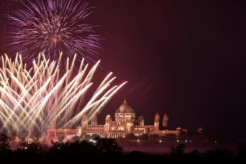Fireworks explode in the sky over Umaid Bhawan Palace, the venue for the wedding of actress Priyanka Chopra and singer Nick Jonas, in Jodhpur in the desert state of Rajasthan, India, December 1, 2018. REUTERS
