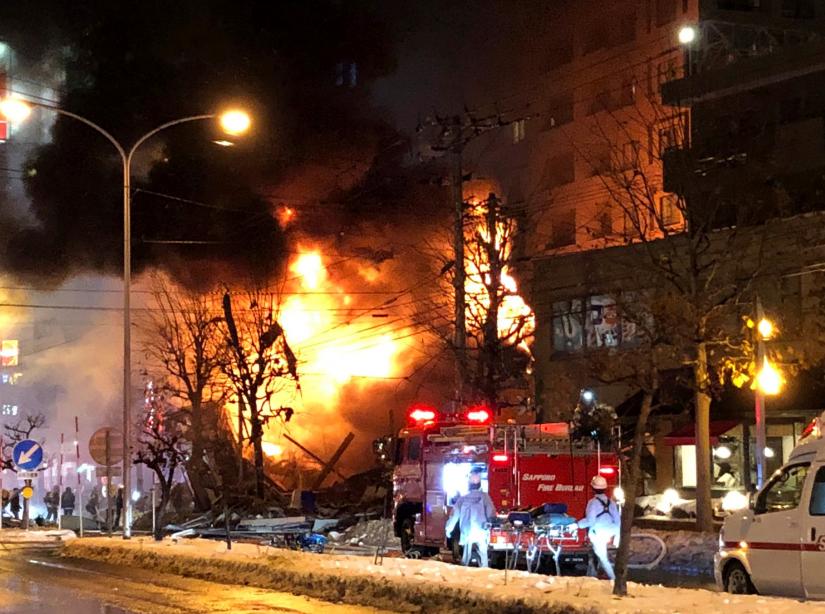 A view of a site of an explosion at a bar in Sapporo, Japan, December 16, 2018 in this still image taken from a video obtained from social media. TWITTER/@KEIBAPANDRA/via REUTERS