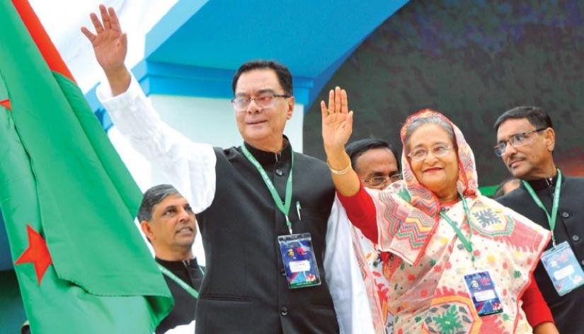 The 2016 photo shows Awami League chief chief and Prime Minister Sheikh Hasina (middle) with former AL general secretary Syed Ashraful Islam (left) and incumbent party GS Obaidul Quader (top right) during the party’s 20th National Council in Dhaka. COURTESY