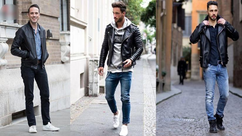 Styling leather jacket with sneakers.