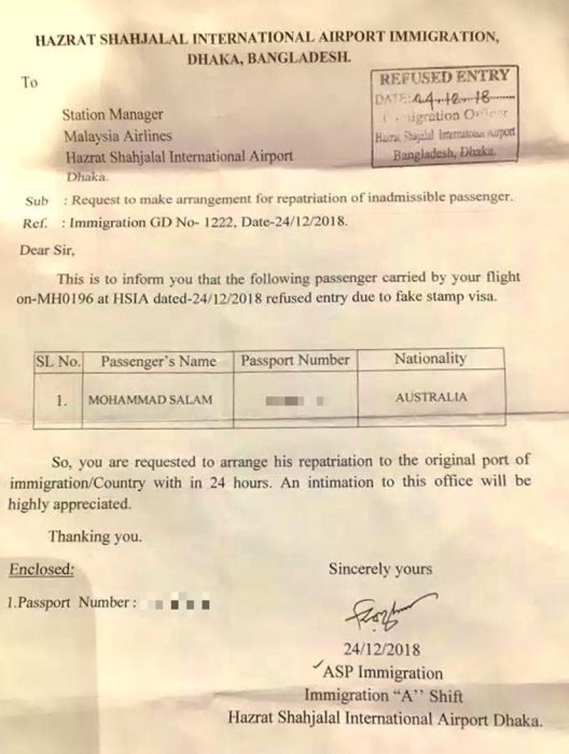 Document given to Mohammad Salam by authorities at Dhaka airport. PHOTO/SBS Bangla