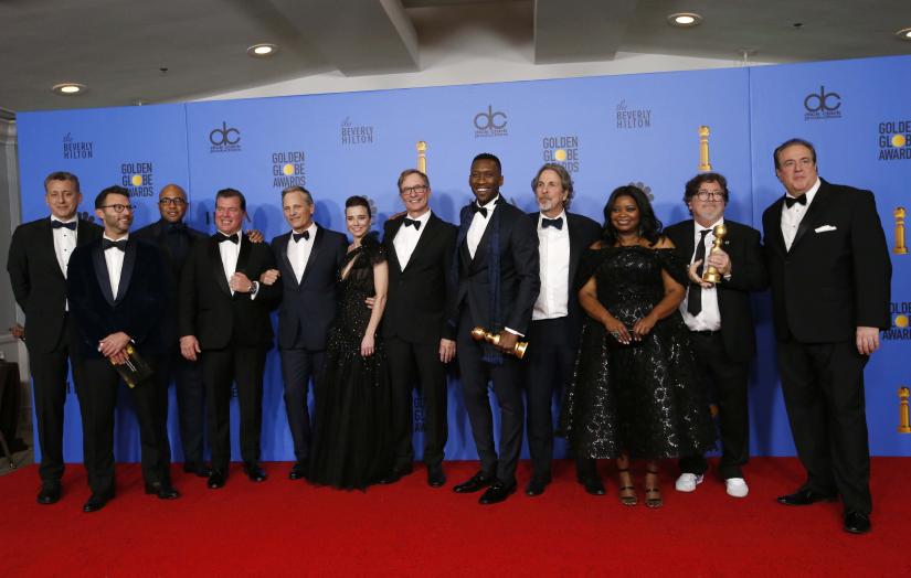 76th Golden Globe Awards - Photo Room - Beverly Hills, California, U.S., January 6, 2019 The cast and crew of 'Green Book' pose backstage with their Best Motion Picture - Musical or Comedy award REUTERS