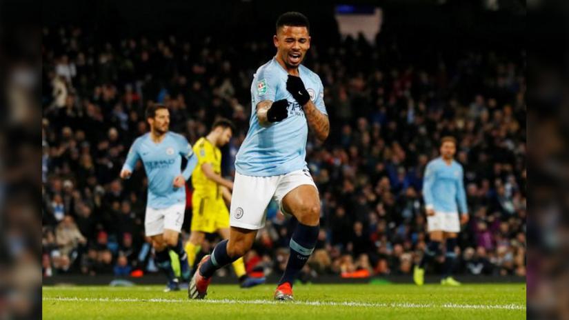 Manchester City`s Gabriel Jesus celebrates scoring their fifth goal to complete his hat-trick against Burton Albion at Etihad Stadium, Manchester, Britain on Jan 9, 2019. Reuters