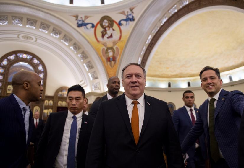 US Secretary of State Mike Pompeo leaves the newly inaugurated Coptic Orthodox Cathedral of the Nativity Christ, east of Cairo, Egypt, January 10, 2019. Andrew Caballero-Reynolds--Pool via REUTERS