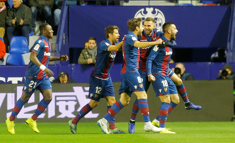 Levante`s Erick Cabaco celebrates scoring their first goal against Barcelona in their Copa del Rey Round of 16 first leg match on Januray 10, 2019.REUTERS