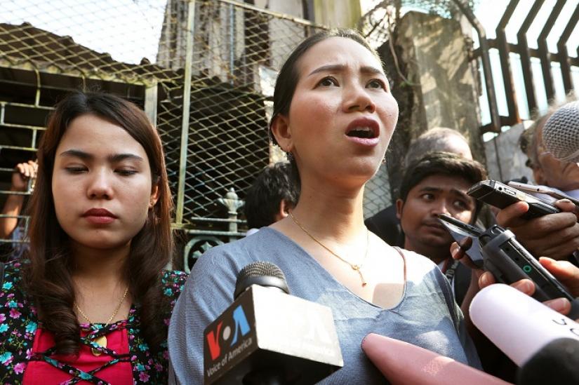 Pan Ei Mon (L) and Chit Su Win wives of jailed Reuters reporters Wa Lone and Kyaw Soe Oo talks to media after their appeal was rejected by court in Yangon, Myanmar, January 11, 2019. REUTERS