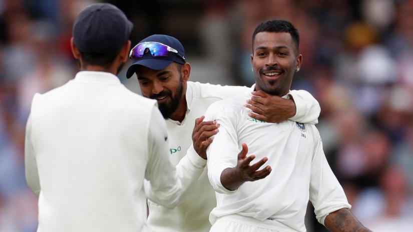 India`s Hardik Pandya celebrates with team mates after taking the wicket of England`s Stuart Broad at Trent Bridge, Nottingham, Britain on Aug 19, 2018. Reuters/File Photo