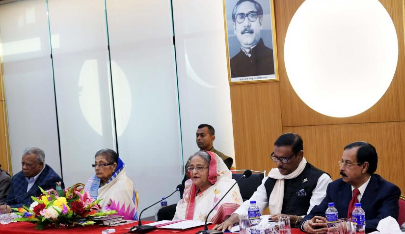 Prime Minister Sheikh Hasina addresses the joint meeting of Awami League Advisory Council and Central Working Committee at the party’s Bangabandhu Avenue central office in Dhaka on Saturday (Jan 12).