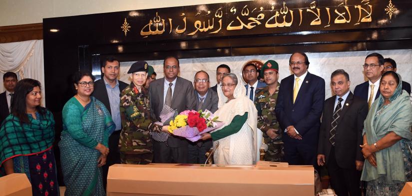 Officials of the Prime Minister’s Office (PMO) greet Prime Minister Sheikh Hasina on the first working day of her office on Sunday (Jan 13) at the PMO after her re-election as the premier for the fourth time.