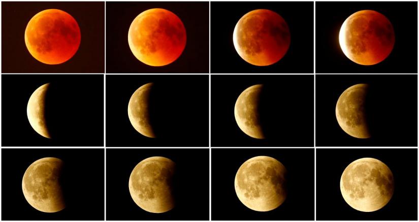 A combination photo shows the lunar eclipse from a blood moon (top L) back to full moon (bottom right) in the sky over Frankfurt, Germany, July 27, 2018. REUTERS/File Photo