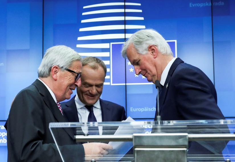 European Commission President Jean-Claude Juncker, European Council President Donald Tusk and European Union`s chief Brexit negotiator Michel Barnier react during a news conference after the extraordinary EU leaders summit to finalise and formalise the Brexit agreement in Brussels, Belgium November 25, 2018. REUTERS/File Photo