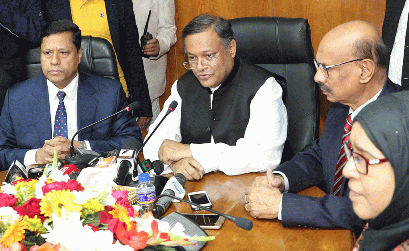 This Jan 8, 2019 photo shows Information Minister Hasan Mahmud speaking to the media on the first day of his office. FOCUS BANGLA