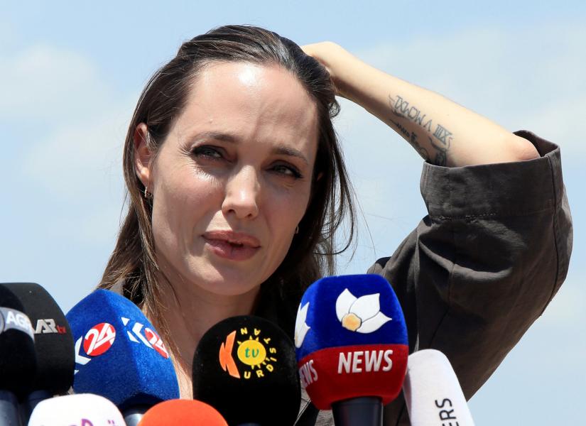 U.N. Refugee Agency’s special envoy Angelina Jolie speaks during a news conference during her visits to a camp for Syrian refugees in Dohuk, Iraq June 17, 2018. REUTERS