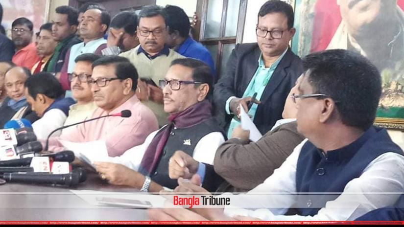 Awami League General Secretary Obaidul Quader speaking to the media on on Saturday (Feb 9) at the Awami League chief’s Dhanmondi office.