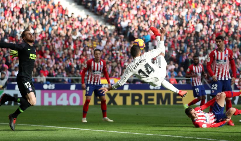 La Liga Santander - Atletico Madrid v Real Madrid - Wanda Metropolitano, Madrid, Spain - February 9, 2019 Real Madrid`s Casemiro scores their first goal REUTERS