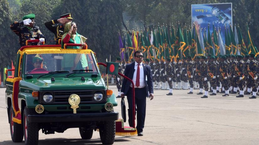 Prime Minister Sheikh Hasina inspects a parade of Bangladesh Ansar and VDP riding on an open jeep and took salute at the Ansar and Village Defence Party (VDP) academy in Gazipur’s Shafipur on Tuesday (Feb 12). FOCUS BANGLA