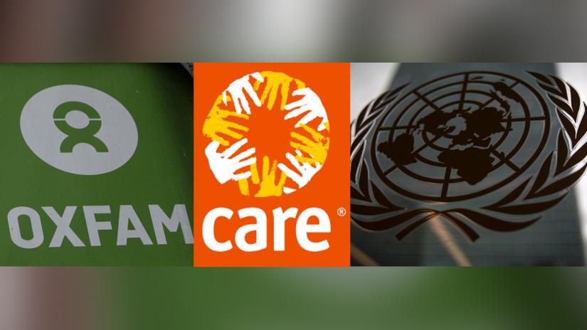 Combination photo shows logos of Oxfam, CARE and United Nations.