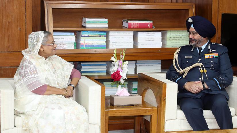 Prime Minister Sheikh Hasina and Chief of Air Staff of Indian Air Force Air Chief Marshal Birender Singh Dhanoa at Jatiya Sangsad Office in Dhaka on Monday (Feb 11). Focus Bangla