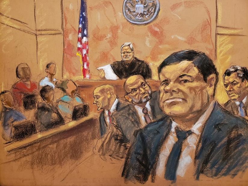 The accused Mexican drug lord Joaquin `El Chapo` Guzman is seen in this courtroom sketch on the day he was found guilty of smuggling tons of drugs to the United States over a violent, colorful decades-long career, in Brooklyn federal court in New York, U.S., February 12, 2019. Also seen are U.S. District Judge Brian Cogan, defense lawyers William Purpura, A. Eduardo Balarezo (3rd R), and Jeffrey Lichtman (R). REUTERS