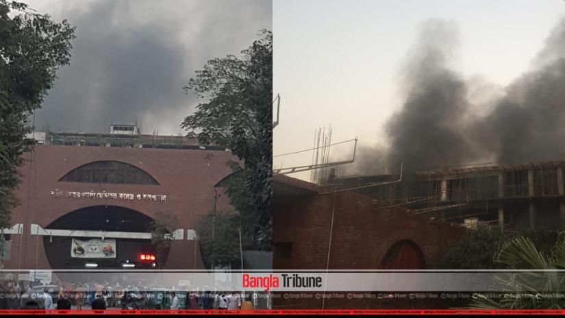 Combo photos show smoke comes out after breaks out at the new building of Dhaka’s Suhrawardy Medical College and Hospital on Thursday (Feb 14).
