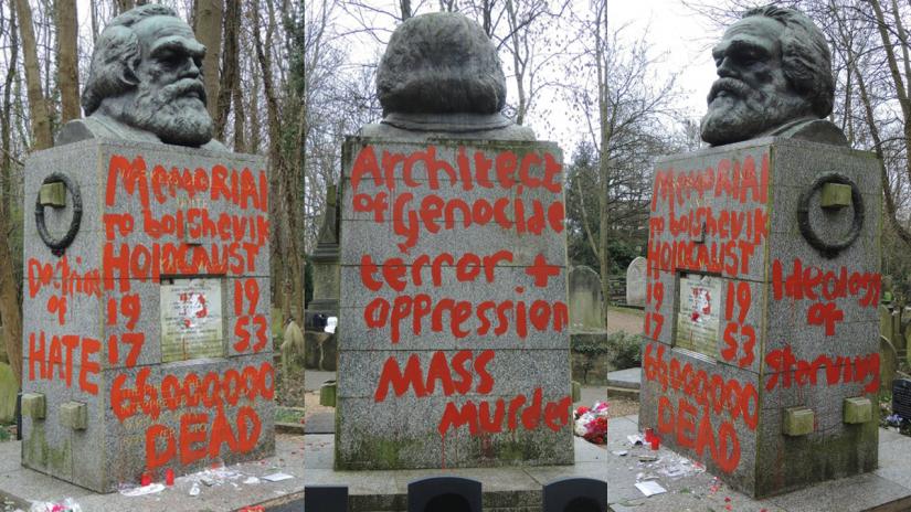 Combination of photos obtained from social media shows Karl Marx`s grave in London vandalised with red paint.TWITTER/@HighgateCemeter
