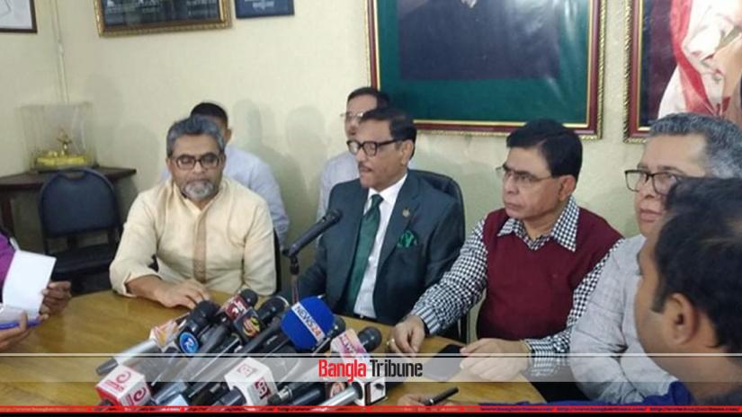 Road Transport and Bridges Minister and Awami League General Secretary Obaidul Quader speaking to the media on Saturday (Feb 16) at the AL President's Dhanmondi offices.