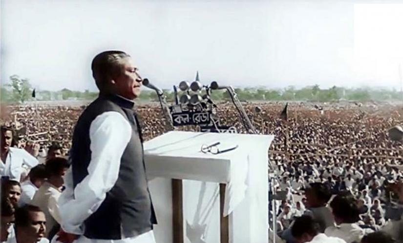 Bangabandhu Sheikh Mujibur Rahman delivering his speech at Race Course ground, now Suhrawardy Uddyan on Mar 7, 1971.WIKIMIDIA COMMONS