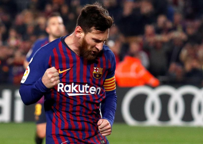February 16, 2019 Barcelona`s Lionel Messi celebrates scoring their first goal REUTERS