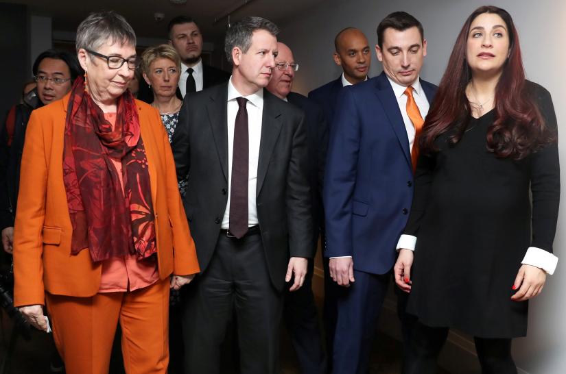 Britain`s Labour Party MPs Ann Coffey, Karin Smyth, Chris Leslie, Chuka Umunna, Gavin Shuker and Luciana Berger leave a joint news conference after their announcement they are leaving the party, in London, Britain, February 18, 2019. REUTERS