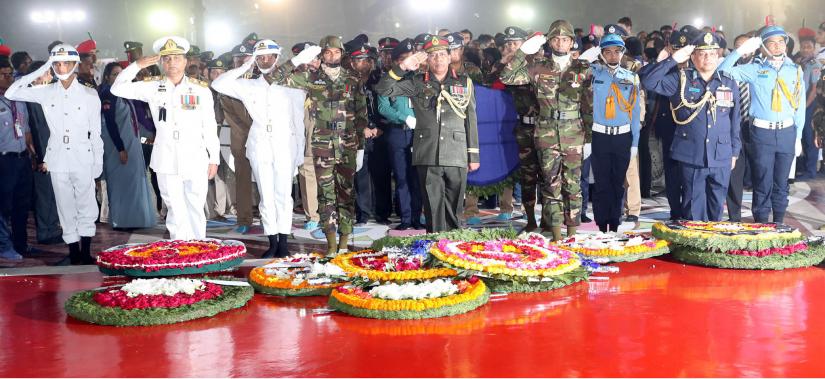 Chiefs of Army, Navy and Air Force paying respects to the Language Movement martyrs. Photo/Focus Bangla