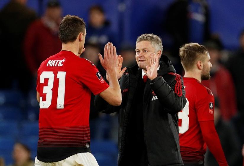 Manchester United interim manager Ole Gunnar Solskjaer celebrates with Nemanja Matic at the end of the match against Chelsea at Stamford Bridge, London, Britain on Feb 18, 2019. Reuters/File Photo