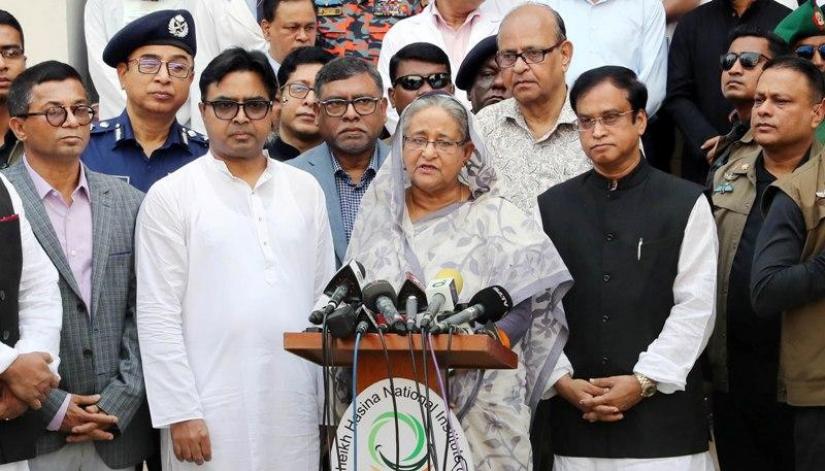 Prime Minister Sheikh Hasina speaking to the media after visiting the Chawkbazar fire victims at the Dhaka Medical College Hospital on Saturday (Feb 23) 