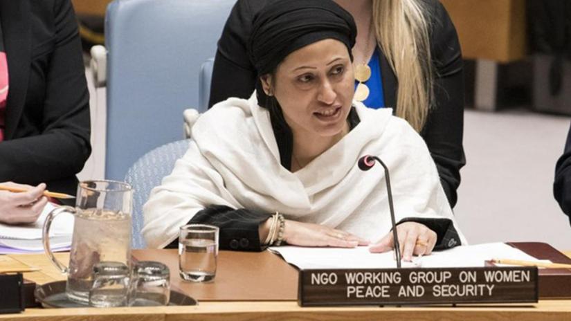In this photo taken from UN News, Razia Sultana, human rights activist and lawyer, addresses the Security Council`s open debate on behalf of the NGO Working Group on Women, Peace and Security. Photo: UN Photo/Mark Garten