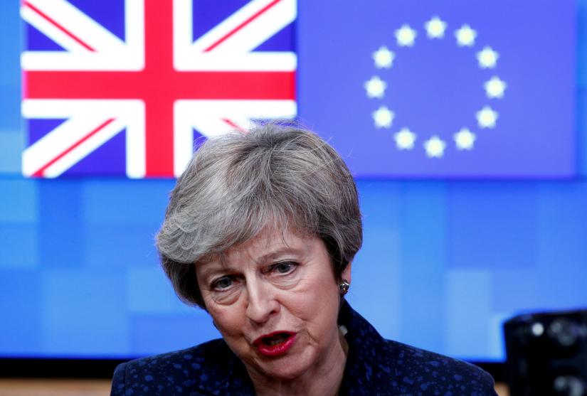British Prime Minister Theresa May speaks at the European Council headquarters in Brussels, Belgium February 7, 2019. REUTERS