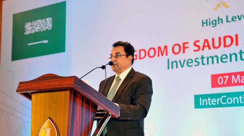 Finance Minister AHM Mustafa Kamal speaks at a dialogue titled ‘Saudi Arabia-Bangladesh Trade and Investment Cooperation’ at Hotel Intercontinental in Dhaka on Thursday (Mar 8). PID