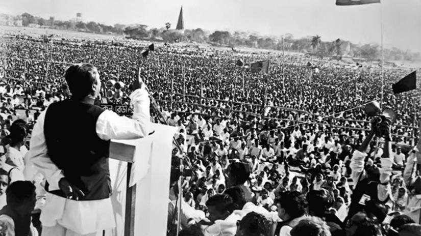 Father of the Nation, Bangabandhu Sheikh Mujibur Rahman delivering his historic speech at Suhrawardy Udyan (former Ramna Race Course ground) on March 7, 1971. Shilpakala Academy/File Photo