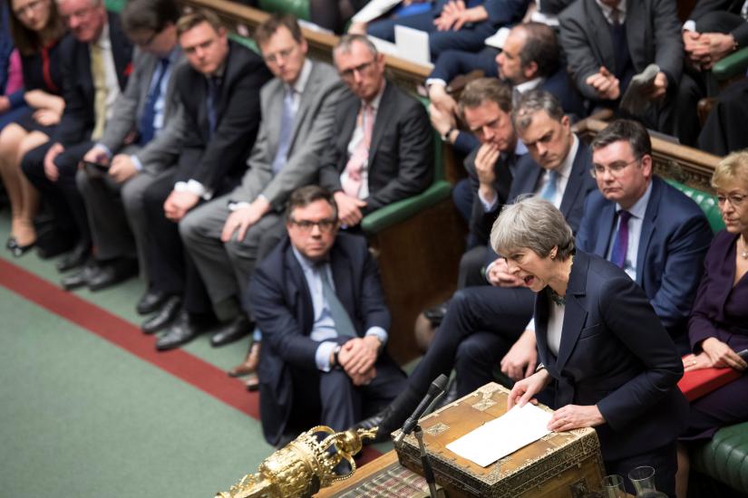 Britain`s Prime Minister Theresa May speaks in Parliament following the vote on Brexit in London, Britain, March 13, 2019. UK Parliament/Jessica Taylor/Handout via REUTERS