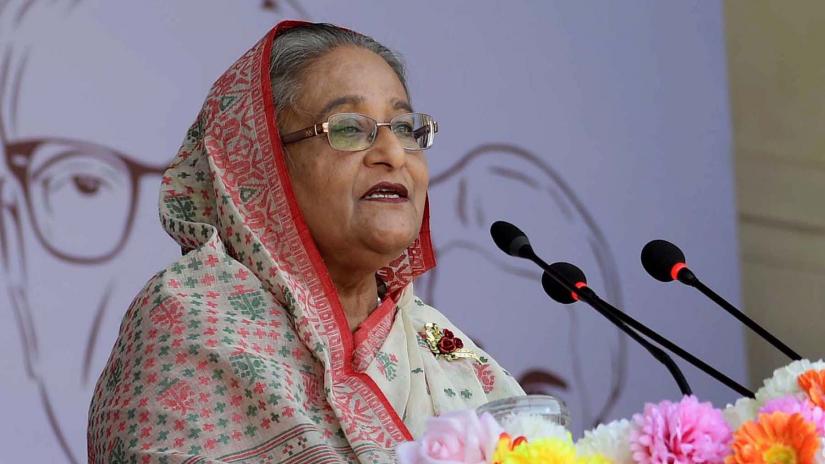 Prime Minister Sheikh Hasina speaks at the “Danveer Ranada Prasad Shaha Smarak Gold Medal” giving ceremony at the green lawn of Kumudini Complex in Tangail’s Mirzapore on Thursday (Mar 14). PID