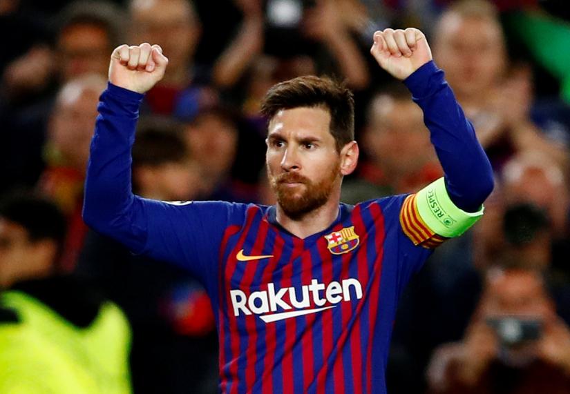Barcelona`s Lionel Messi celebrates scoring their third goal against Olympique Lyonnais at Camp Nou, Barcelona, Spain on Mar 13, 2019. REUTERS