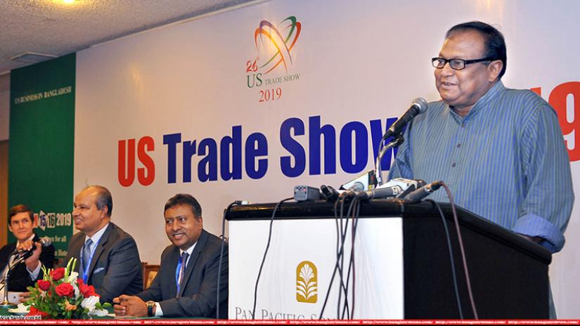 Commerce Minister Tipu Munshi speaks at the inauguration session of a three-day US trade show at a Dhaka hotel on Thursday (Mar 12). FOCUS BANGLA