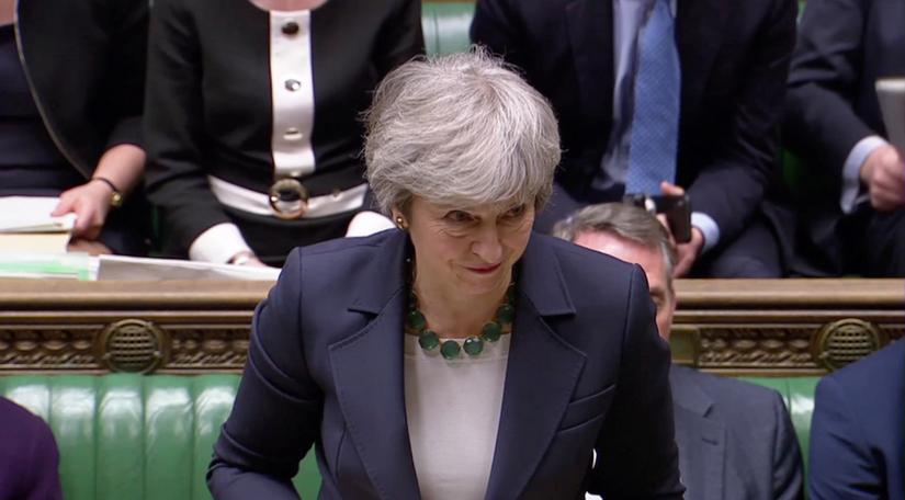 Britain`s Prime Minister Theresa May speaks in Parliament, following the vote on Brexit in London, Britain, March 13, 2019, in this screen grab taken from video. Reuters TV via REUTERS